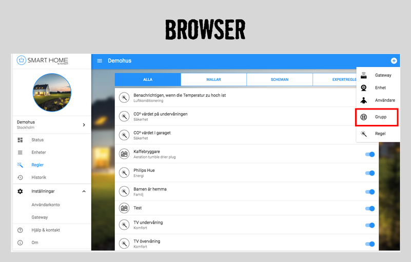 Smart Home webbläsargränssnitt med olika inställningar