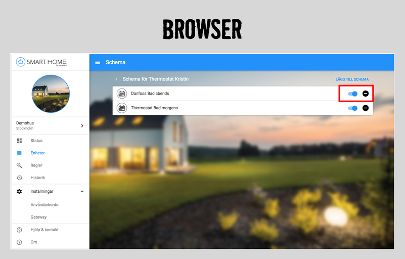 Smart Home App webbläsarvy för termostatstyrning