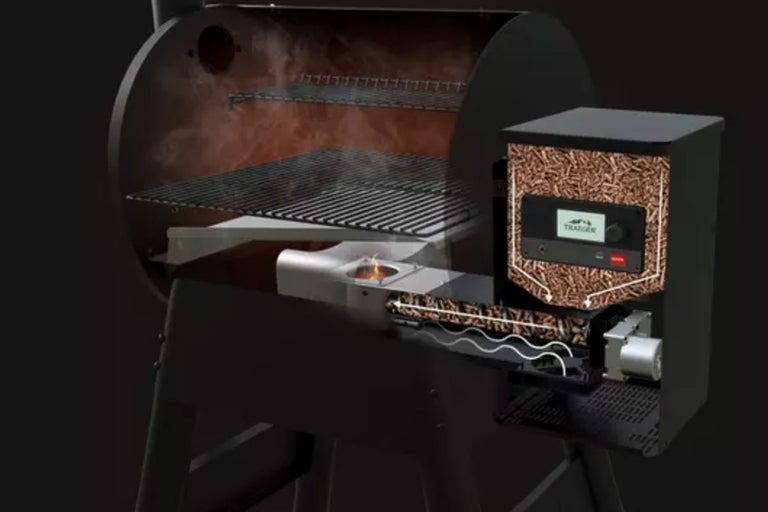 Funktion hos Traeger pellet-grill: Visar pellettillförsel och förbränningsprocess