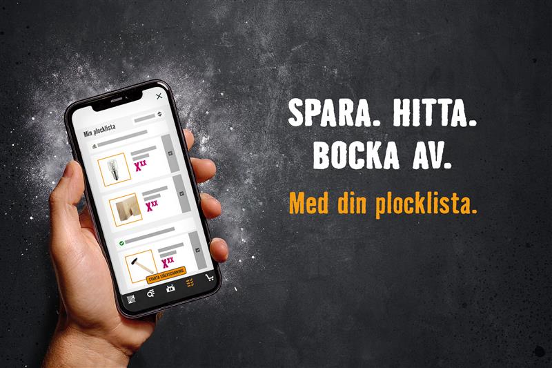 En smarttelefon visar en inköpslista med artiklar från Hornbach.