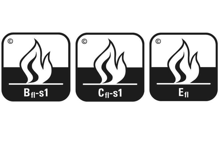 Symboler för brandbeteende: B fl-s1, C fl-s1 och E fl
