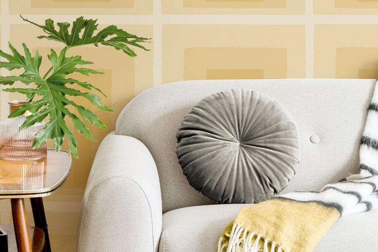 Vardagsrumsscen med soffa, prydnadskudde, pläd, sidobord och krukväxt