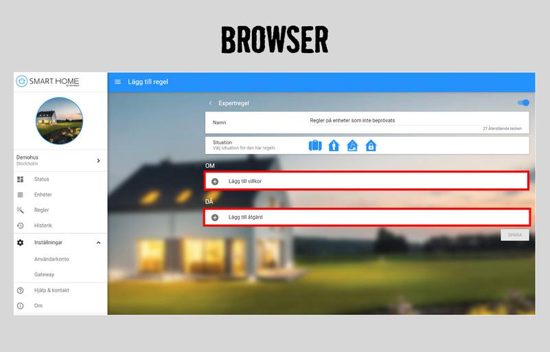 Smart Home-webbläsarvy för att skapa regler