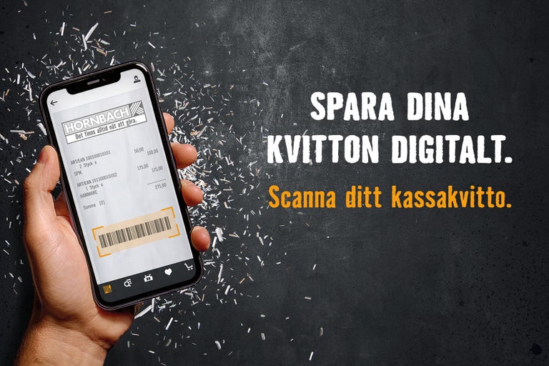 En hand håller en smartphone med Hornbach-appen som visar ett digitalt kvitto. Spara dina kvitton digitalt. Skanna ditt kassakvitto.