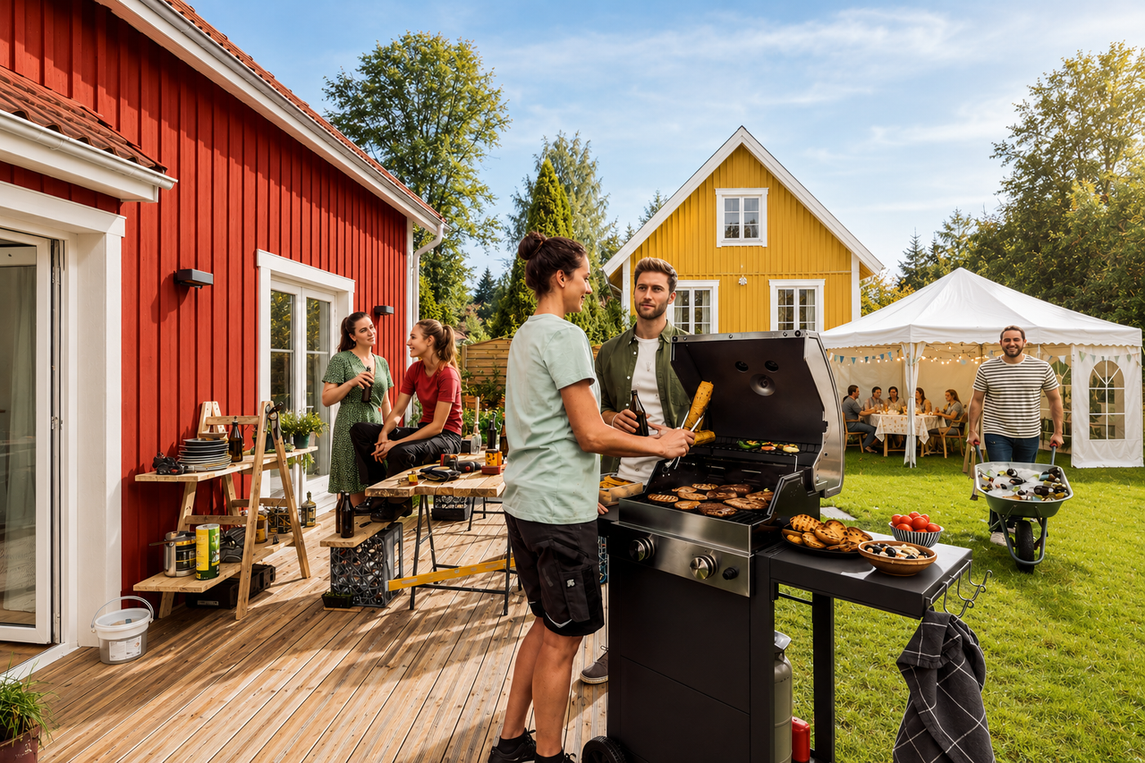 Människor grillar med en gasolgrill på en träterrass framför trähus vid en trädgårdsfest med ett partytält på gräsmattan.