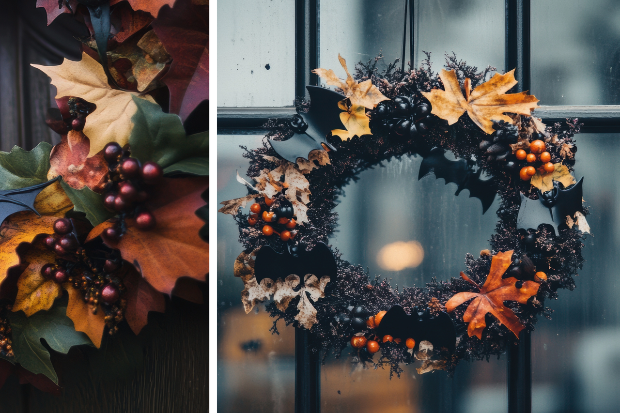 Höstlig Halloween-dörrkrans med löv, bär och fladdermusdekoration