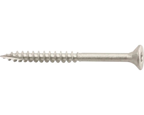 Träskruv med försänkt huvud, delgänga och stjärnfäste av silverfärgad metall.