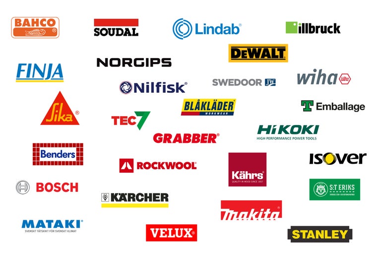Översikt över olika tillverkarlogotyper från Hornbachs sortiment.