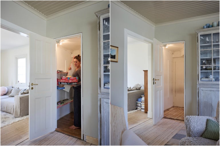 Före och efter jämförelse av en garderobsrenovering i ett ljust vardagsrum med vita dörrar och trägolv.