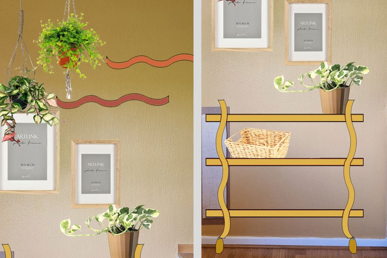 Dekorativ inredning med växter, Artlink fotoramar och en hylla