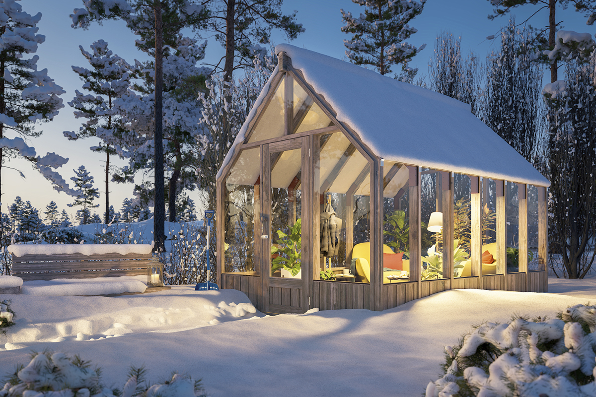 Vinterträdgård med möbler och täckt med snö