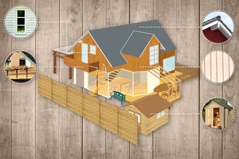 Tvärsnitt av ett hus med trädgård, staket och trädgårdshus