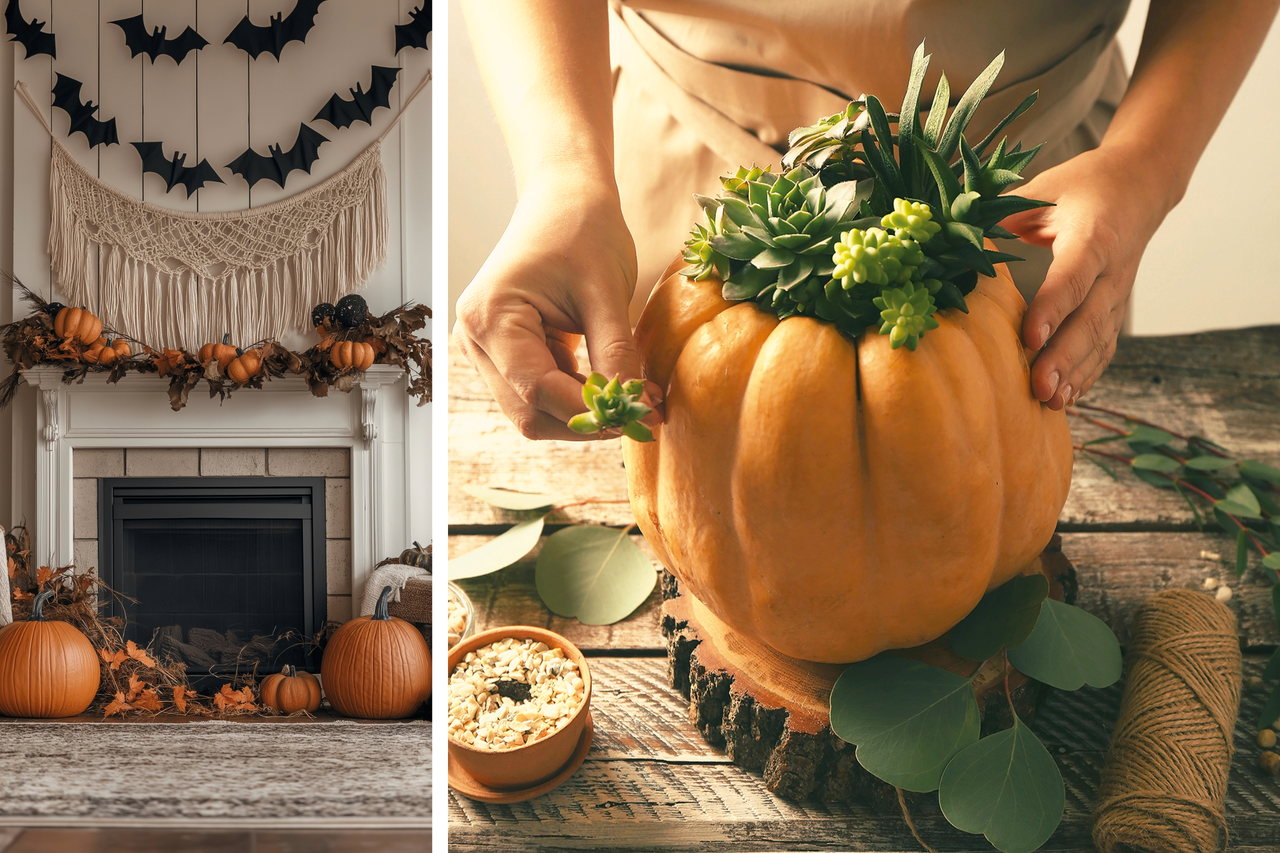 Dekorativ höstscen med pumpor och växter på en öppen spis