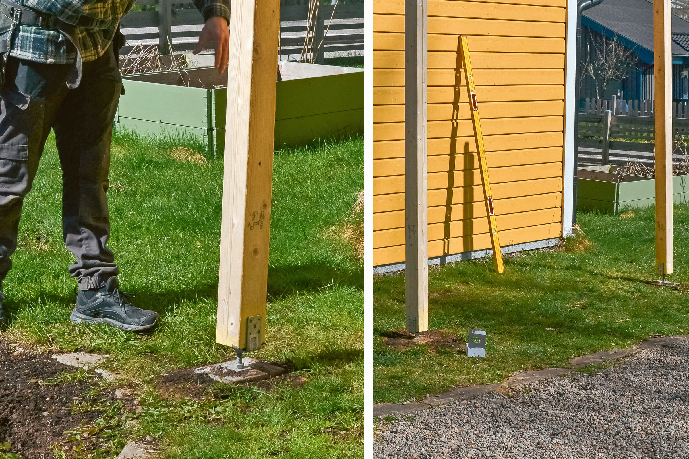 Byggande av en träkonstruktion i trädgården med ett fundamentankare och en trästolpe