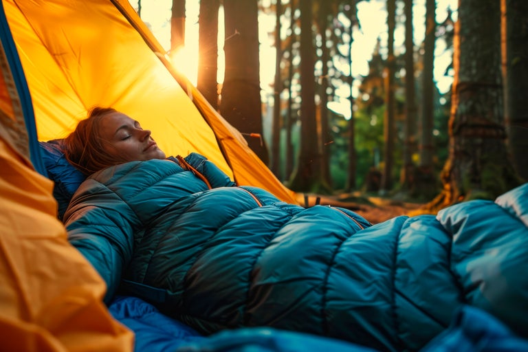 En person sover i en blå sovsäck i ett gult tält i en skog i solljus.