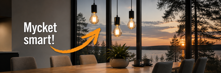 Modernt matrum med tre hängande smarta LED-filamentlampor över ett träbord och utsikt över en sjö vid solnedgången.