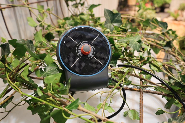 Solcellsriven bevattningsdator med vridreglage placerad bland murgröna för automatisk trädgårdsbevattning.