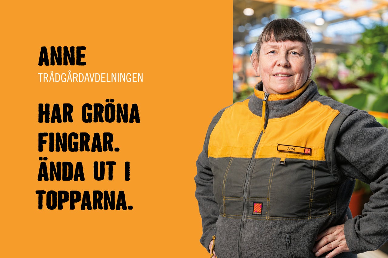 Porträtt av Anne från trädgårdsavdelningen med texten: Anne har gröna fingrar