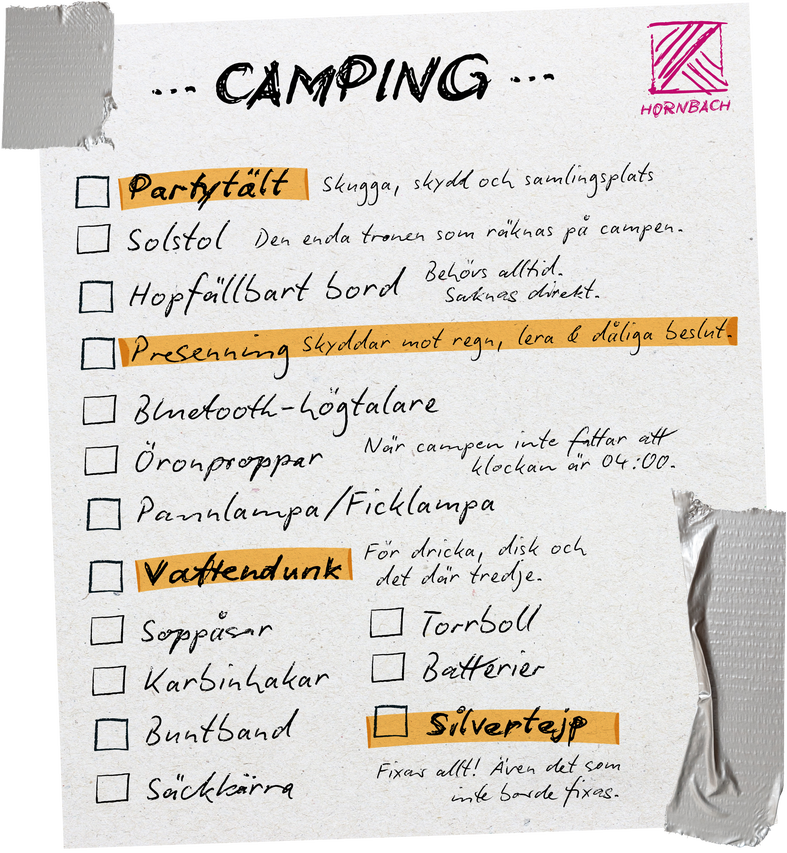 Handskriven camping-checklista från Hornbach med produkter som partytält, fällbord och presenning.