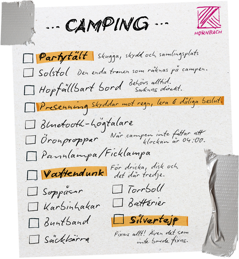 Handskriven camping-checklista från Hornbach med produkter som partytält, fällbord och presenning.