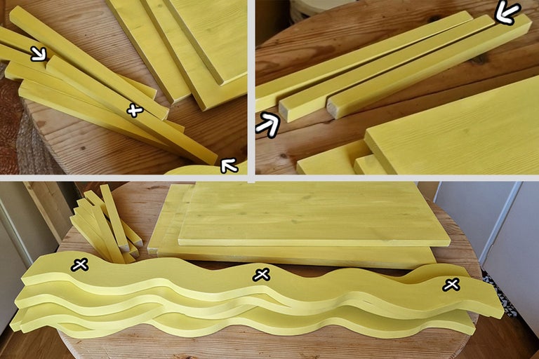 Träkomponenter för möbler på ett bord