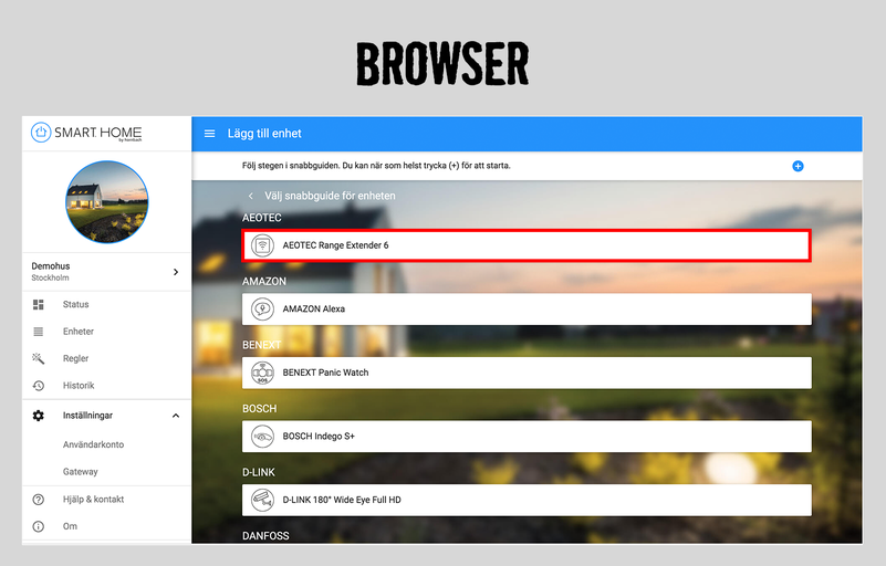 Webbläsarvy av Smart Home-appen med en lista över enheter att välja mellan