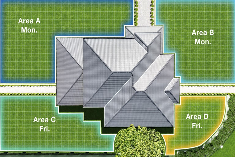 Vy ovanifrån av ett hus med trädgård uppdelad i fyra zoner, Area A och B för måndag, Area C och D för fredag.
