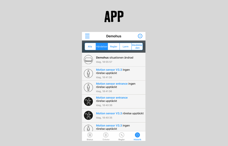 App-vy med notiser och sensorinformation