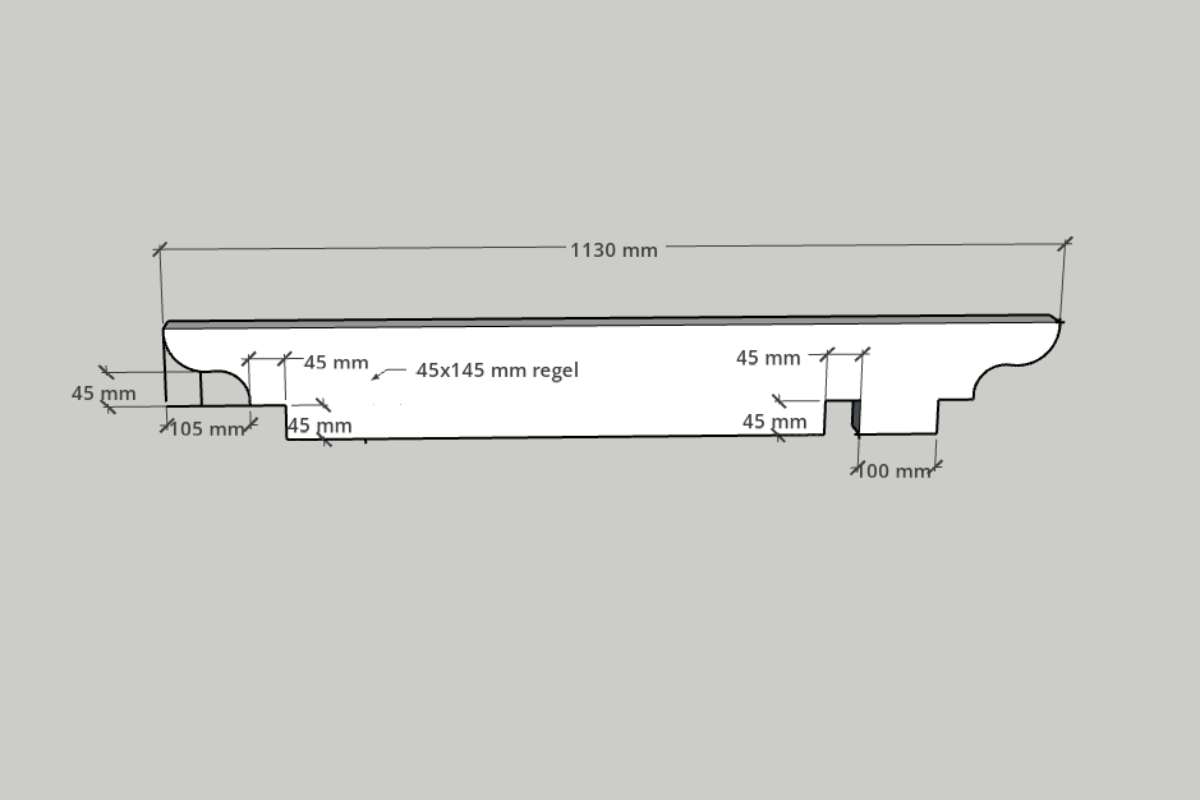 Teknisk ritning av träregel med måtten 45 gånger 145 millimeter och en total längd på 1130 millimeter med måttangivelser.