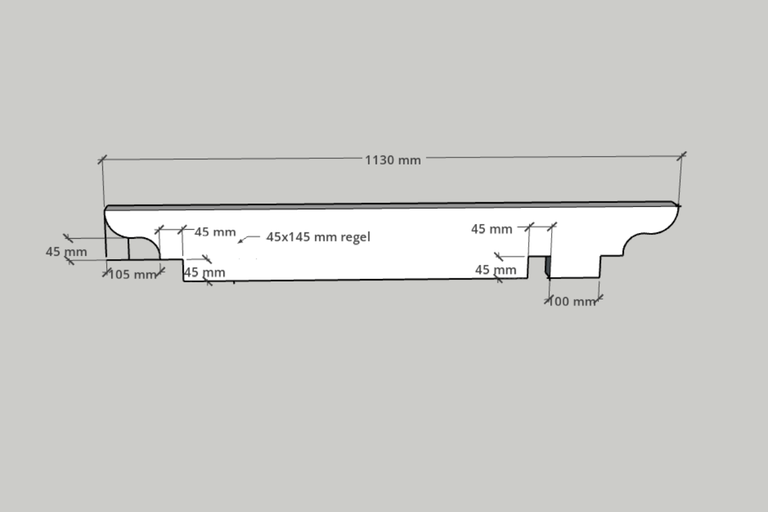Teknisk ritning av träregel med måtten 45 gånger 145 millimeter och en total längd på 1130 millimeter med måttangivelser.