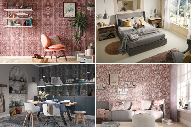 Collage av olika interiörer med varierande tapetmönster.