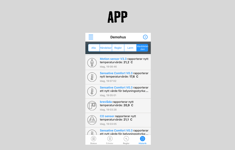 App-vy med notiser från sensorer