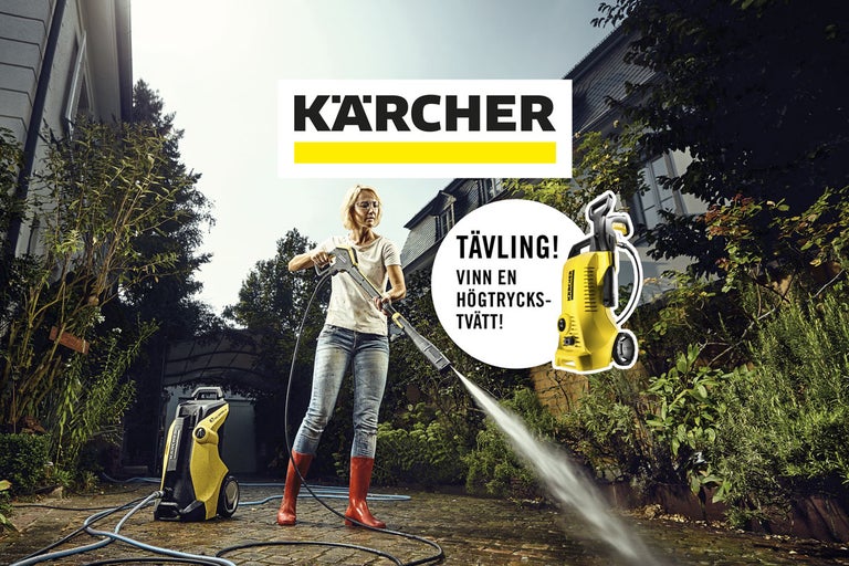 Kvinna använder Kärcher högtryckstvätt i trädgården för rengöringsarbete. Kärcher logotyp.