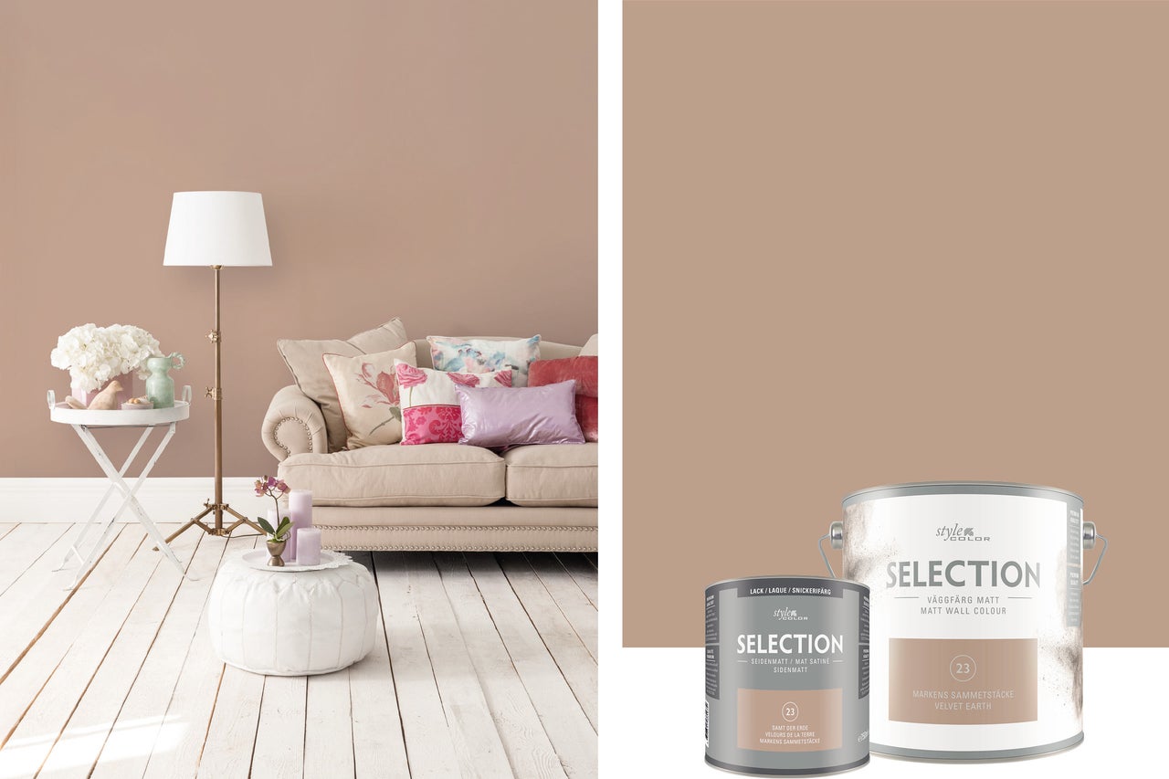 Vardagsrum med beige väggfärg och färgburkar Style Color Selection Markens Sammetstücke