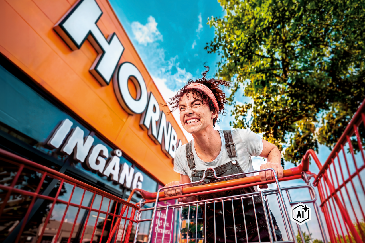 En glad kund kör en kundvagn framför en Hornbach butik.