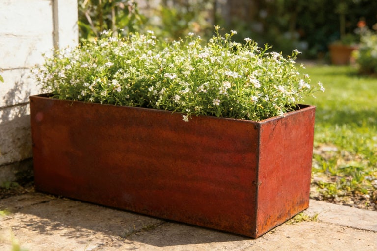 Rektangulär metallplanteringslåda med blommor i trädgården.