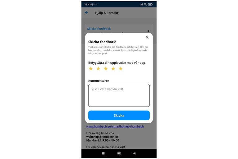 Skärmdump av smartphone med feedbackformulär för Hornbach-appen.