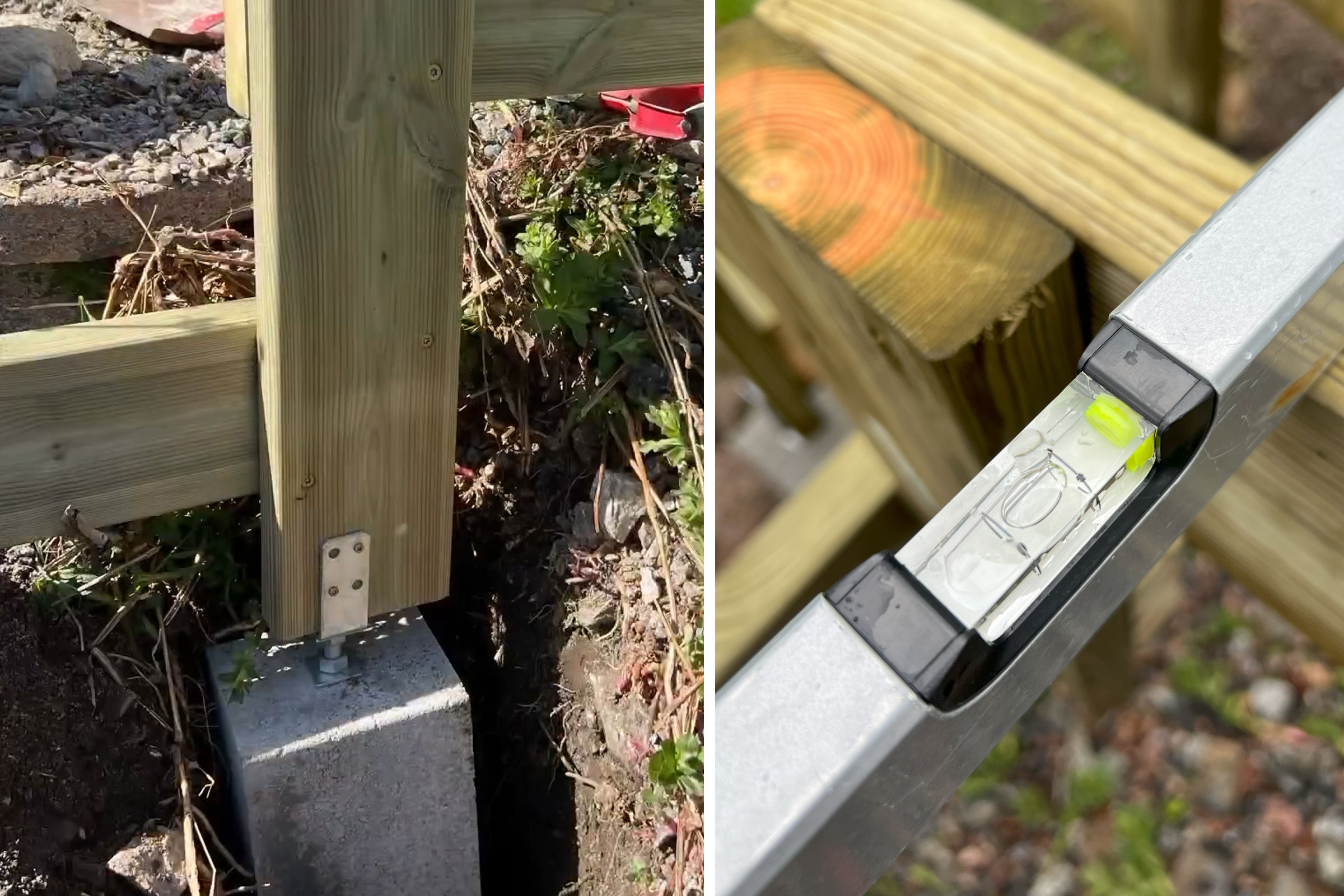 Trästaketstolpe med betongfundament och vattenpass