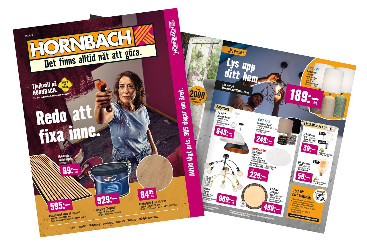 Hornbach reklam med en kvinna som målar en vägg, plus erbjudanden på färg, paneler, golv och lampor.