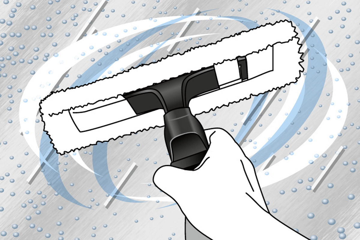 Illustration av en hand som rengör en ruta med en fönsterskrapa
