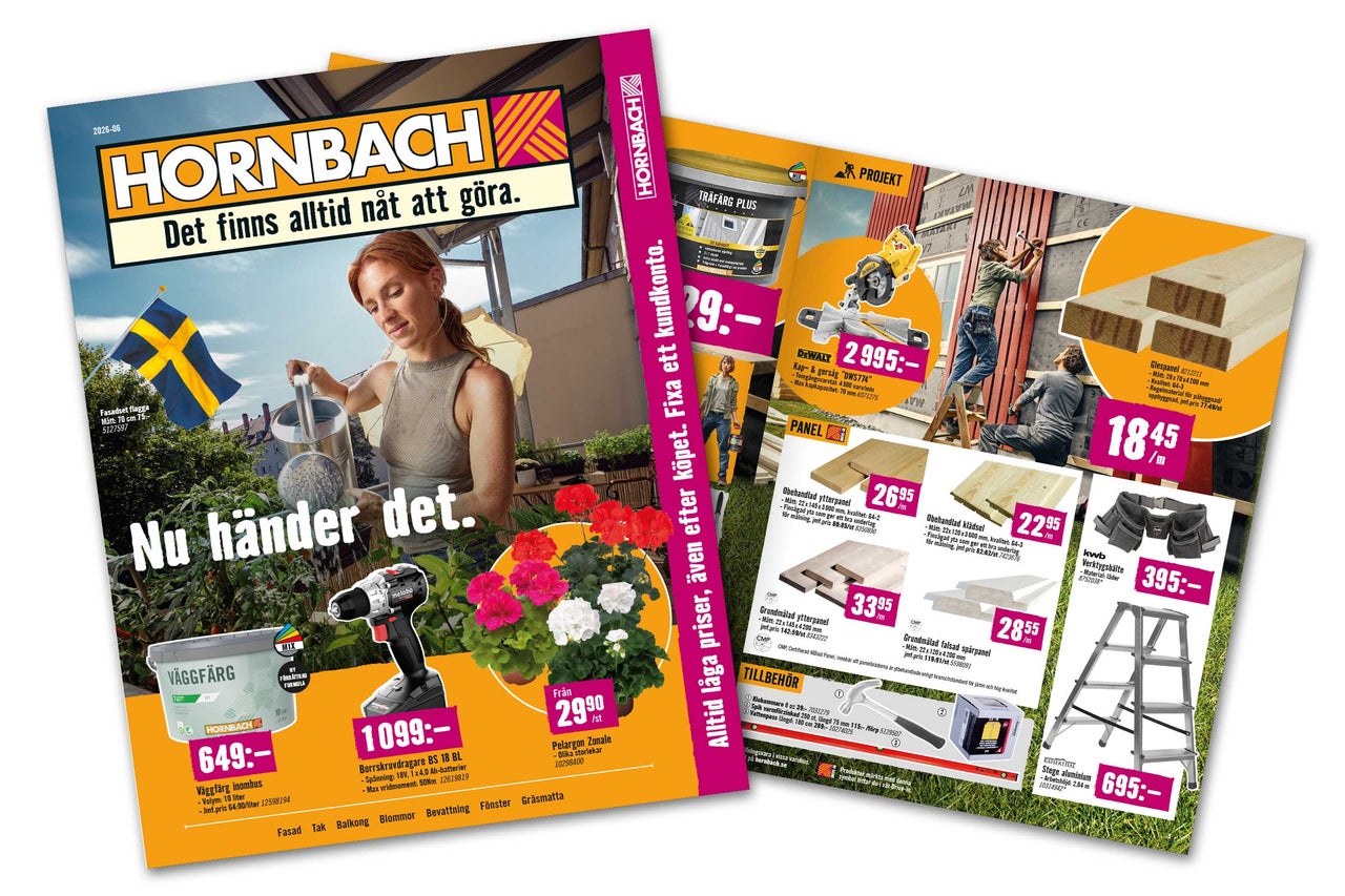 Hornbach reklamblad med produkter för hem och trädgård, inklusive borrskruvdragare, väggfärg, pelargoner, träpaneler, kap- och gersåg och stege.