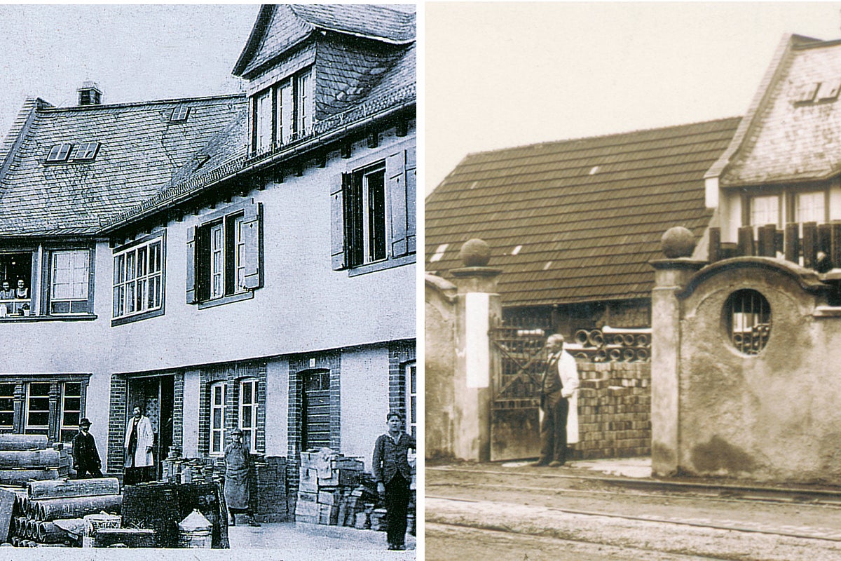 Historisk bild av Hornbach byggnadsutsikter med människor och byggmaterial