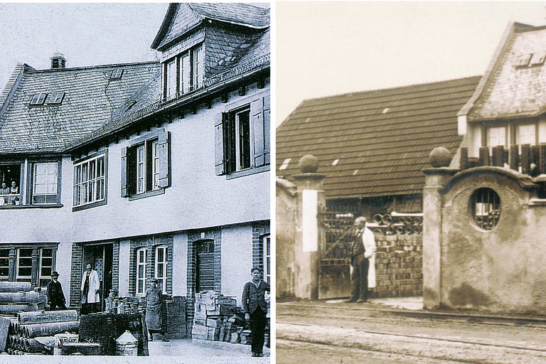 Historisk bild av Hornbach byggnadsutsikter med människor och byggmaterial