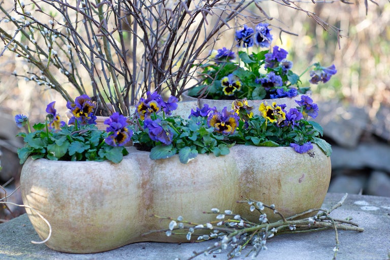 Blommor i planteringslåda med tre fack och dekoration av videkissar