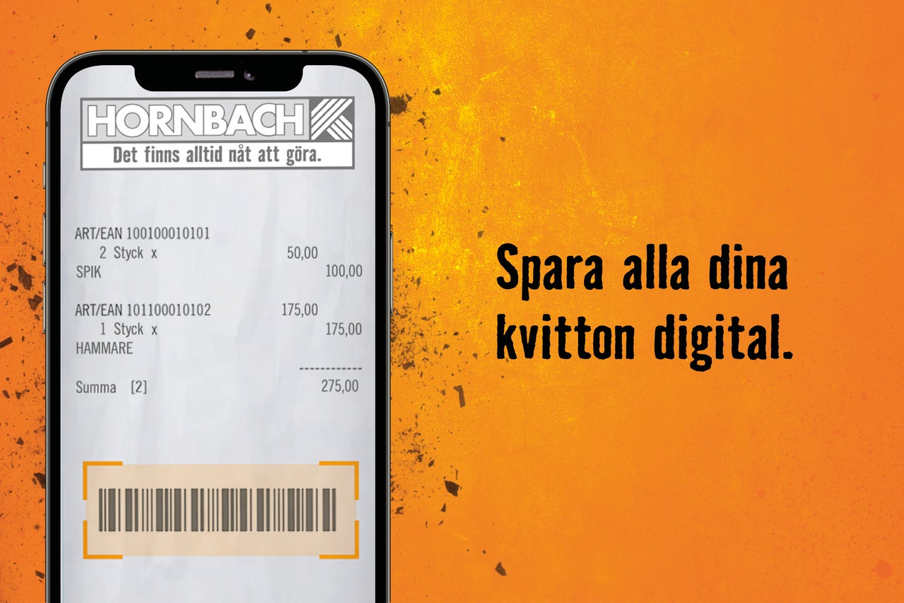Smartphone med Hornbach-app och digitalt kvitto