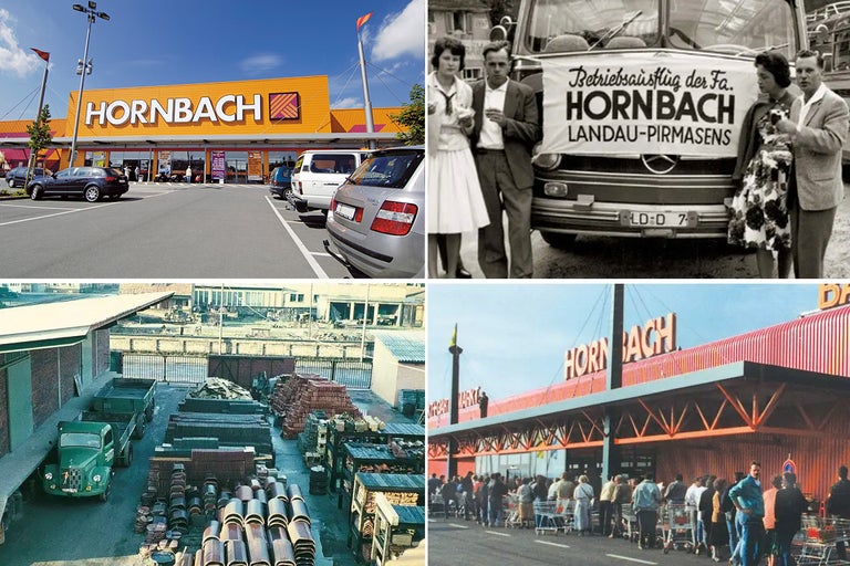 Collage med historiska och moderna bilder av Hornbach-varuhus.