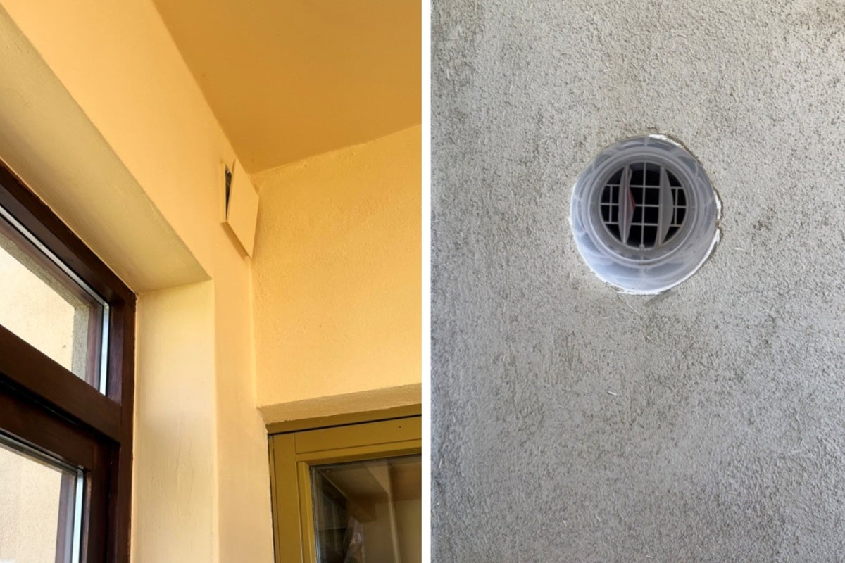 Monteringsexempel av en väggventilator med invändig vy av locket och utvändig vy av ventilationsgallret i väggen.