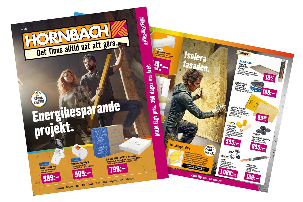 Hornbach reklam för energieffektiva projekt och fasadisolering med Smart Home produkter och isoleringsmaterial.