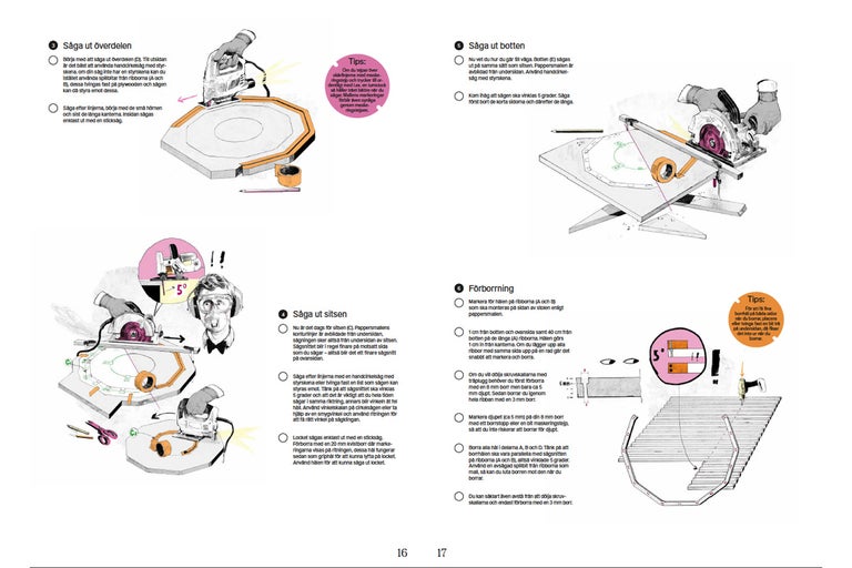 Instruktioner för att såga trädelar för ett projekt med verktyg och skisser