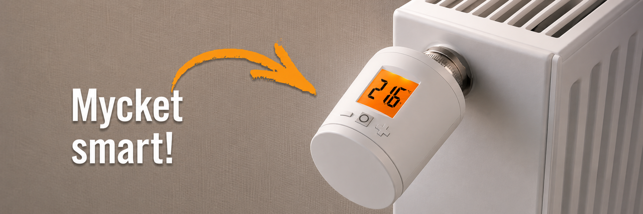 Elektronisk radiatortermostat på ett element med digital display som visar 21,6 grader.